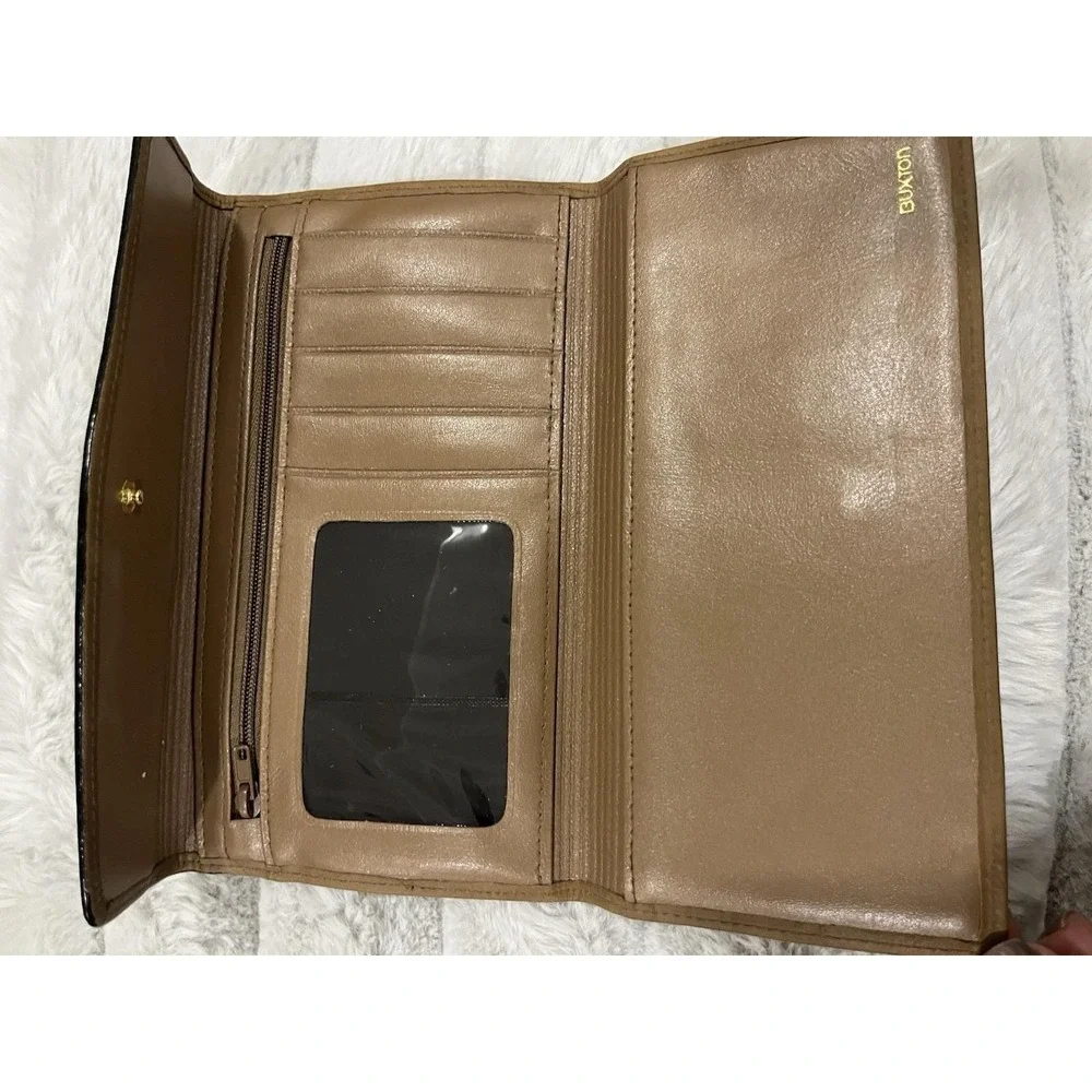 Buxton Clutch Wallet Women OS Tan Good Velvet Touch Cowhide Kisslock Trifold‎